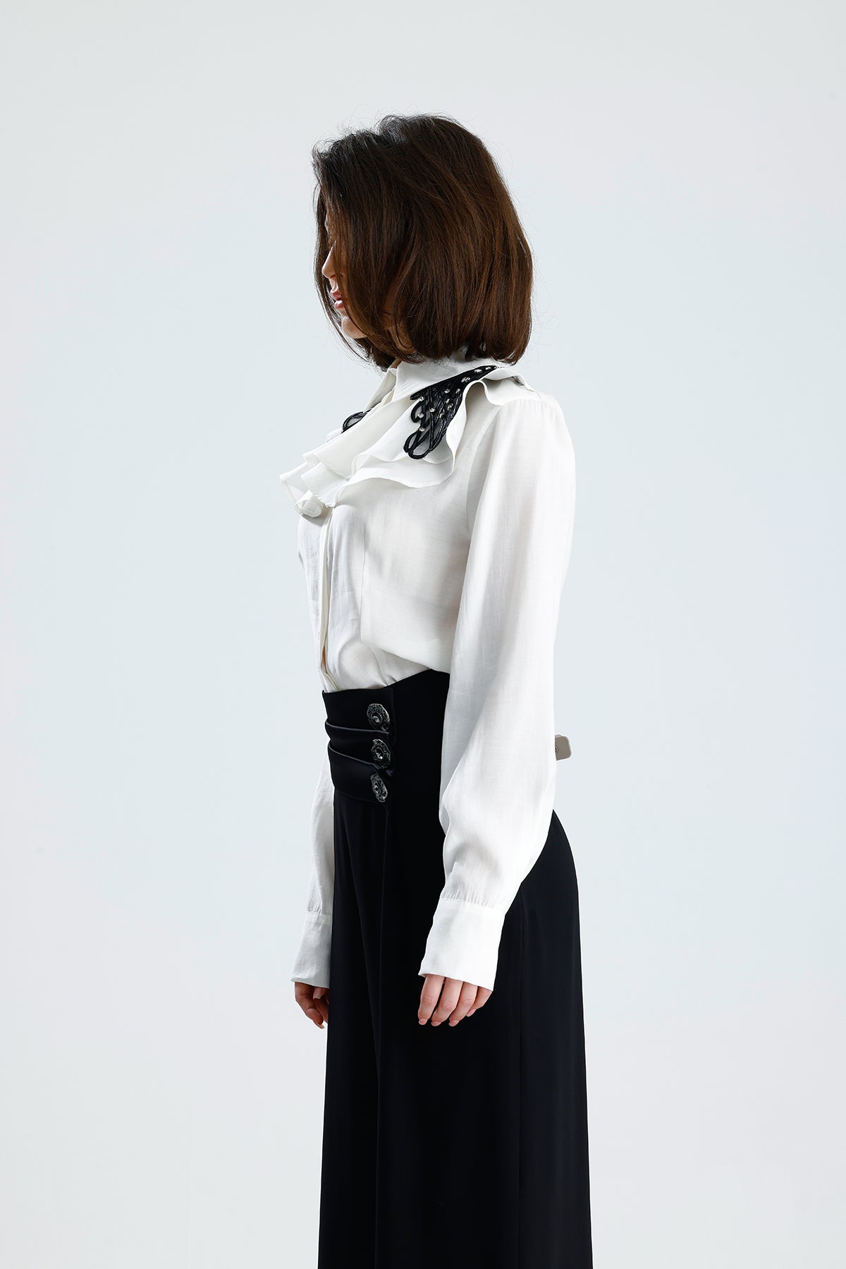 White Embellished Collar Ruffle Blouse