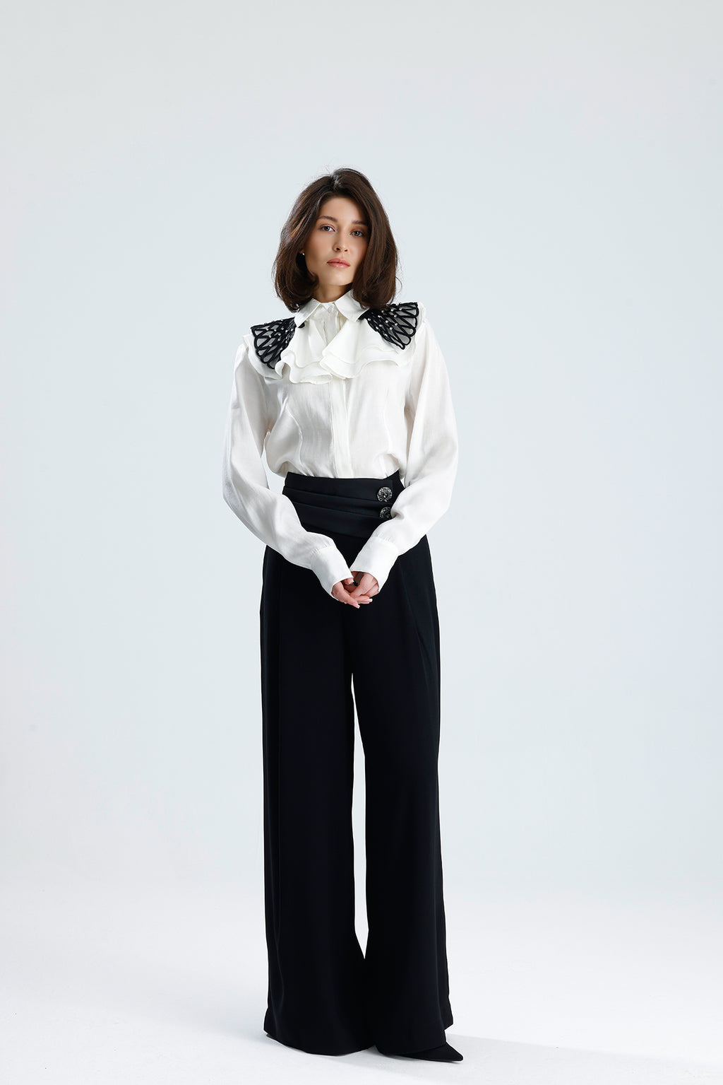 White Embellished Collar Ruffle Blouse