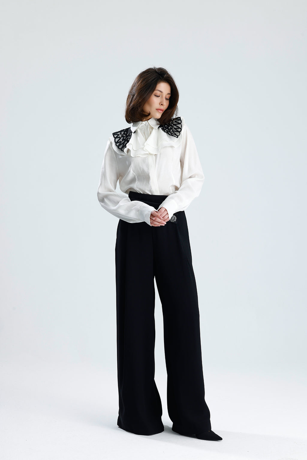White Embellished Collar Ruffle Blouse