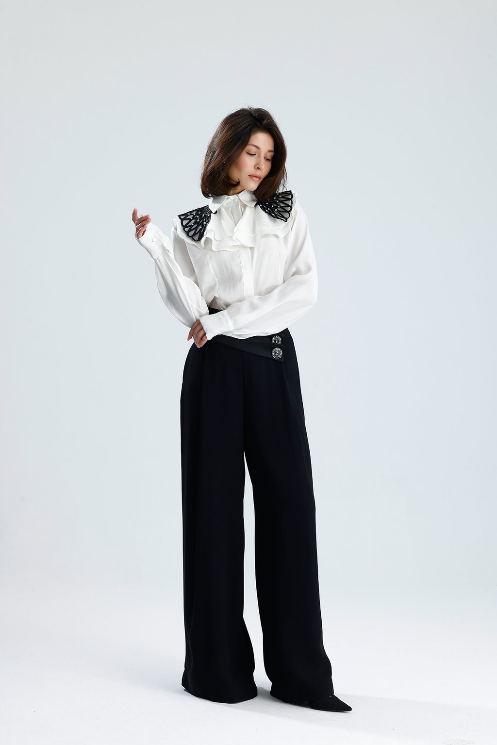 White Embellished Collar Ruffle Blouse