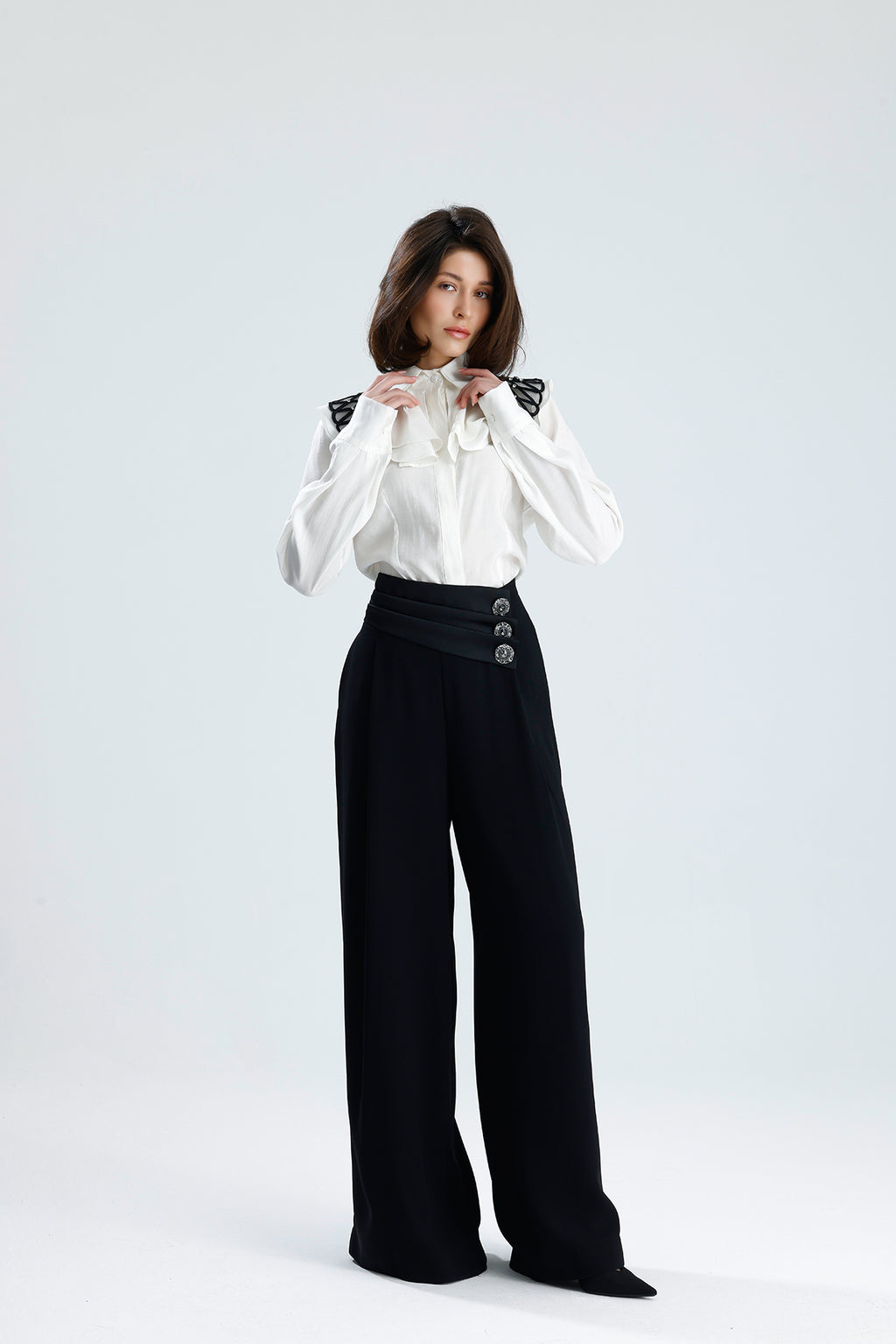 White Embellished Collar Ruffle Blouse