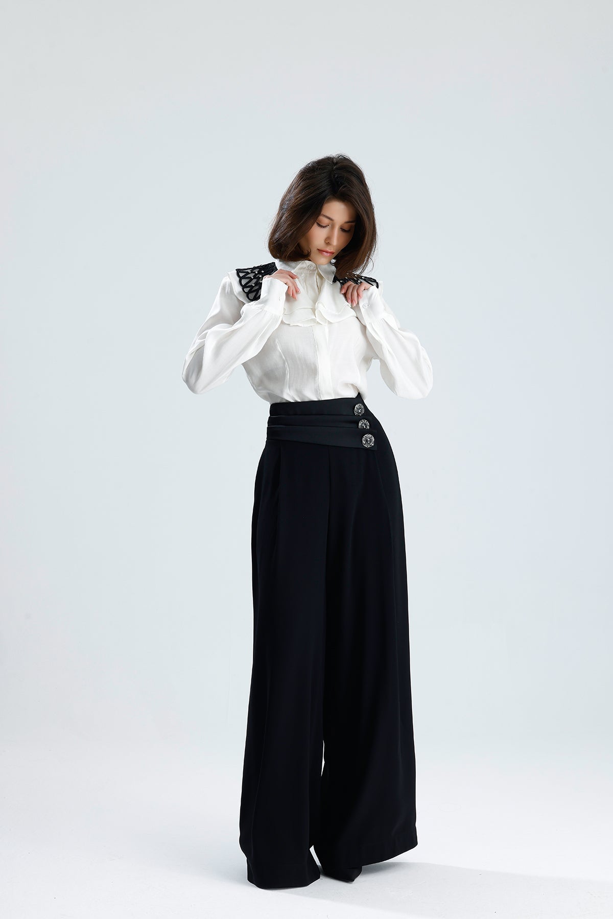 White Embellished Collar Ruffle Blouse