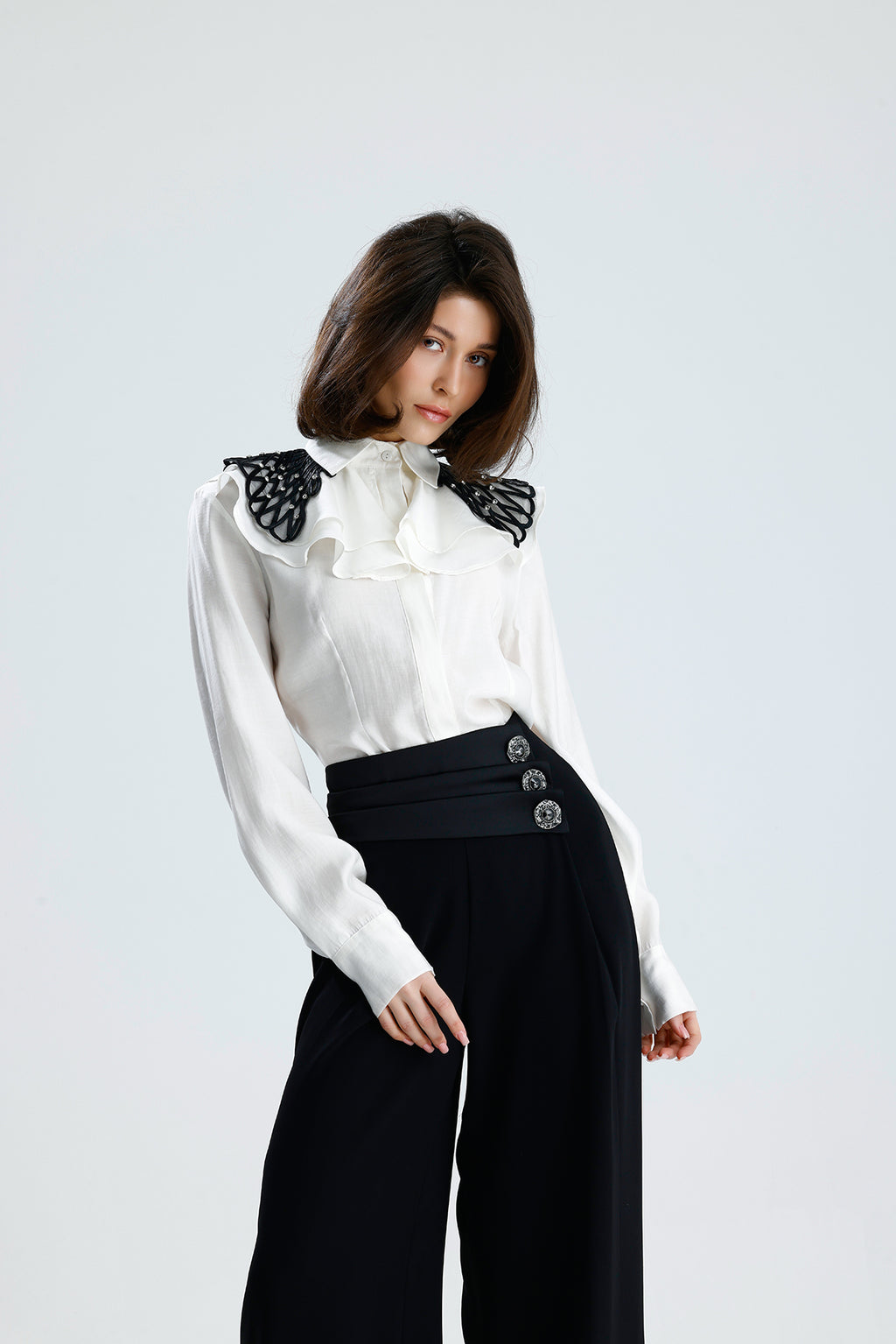 White Embellished Collar Ruffle Blouse