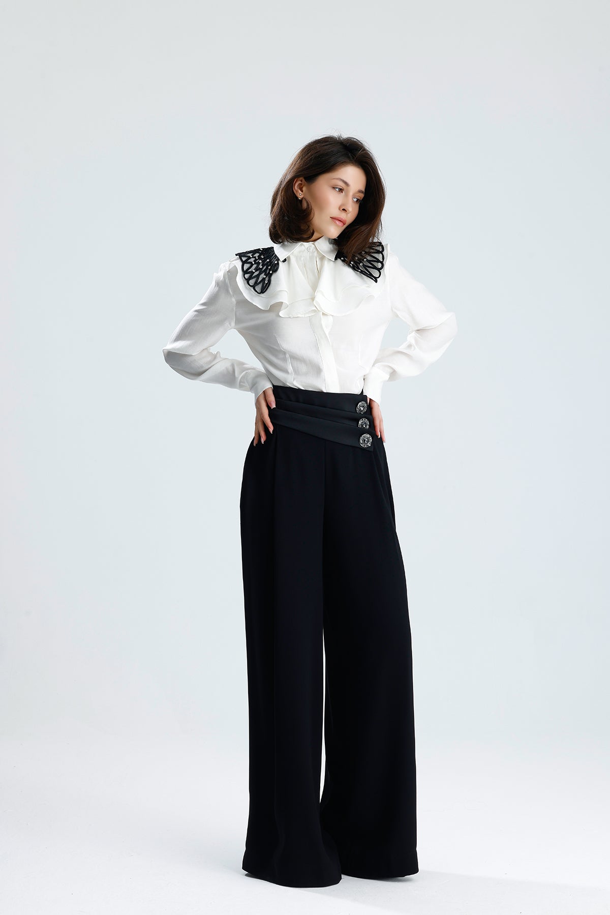 White Embellished Collar Ruffle Blouse