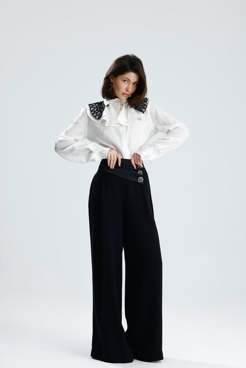 White Embellished Collar Ruffle Blouse