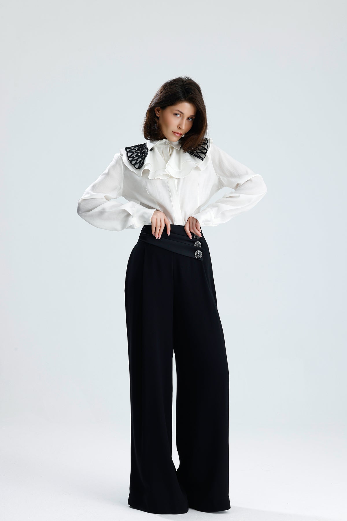White Embellished Collar Ruffle Blouse