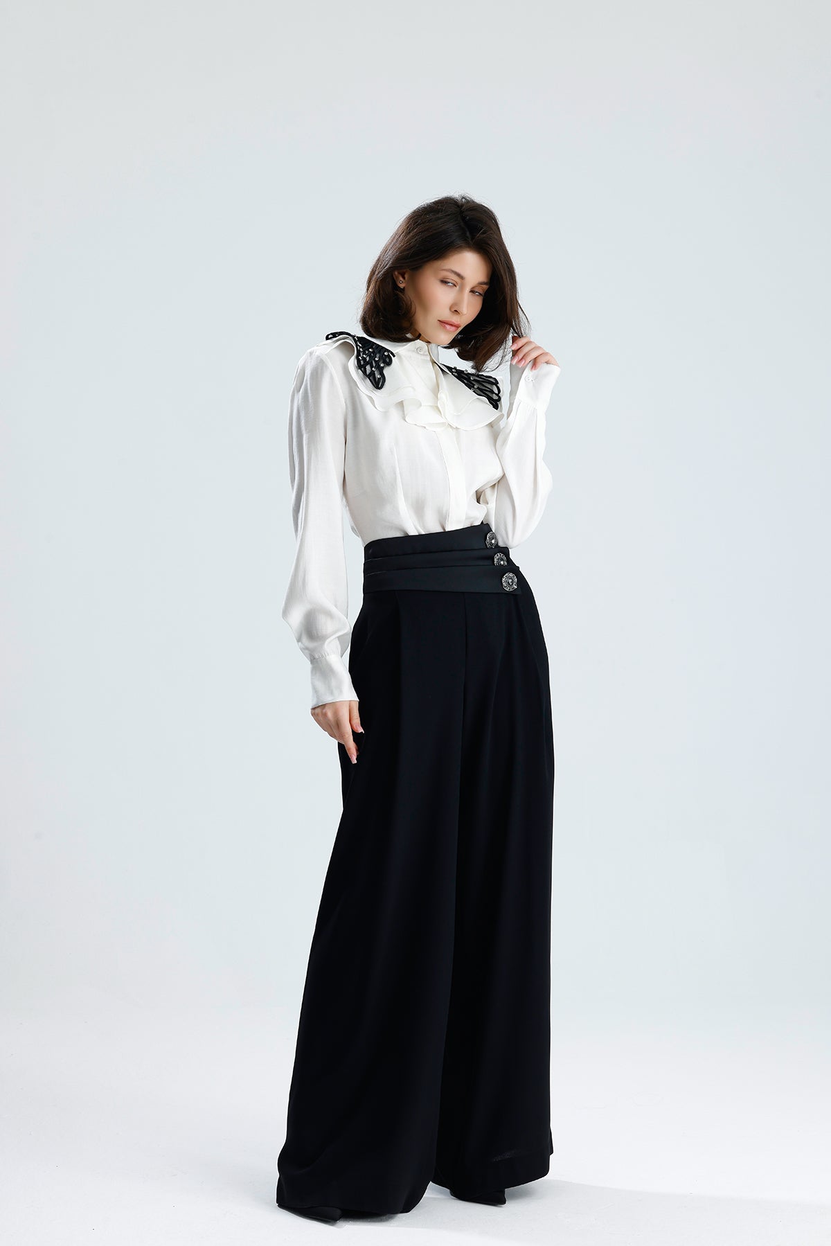 White Embellished Collar Ruffle Blouse