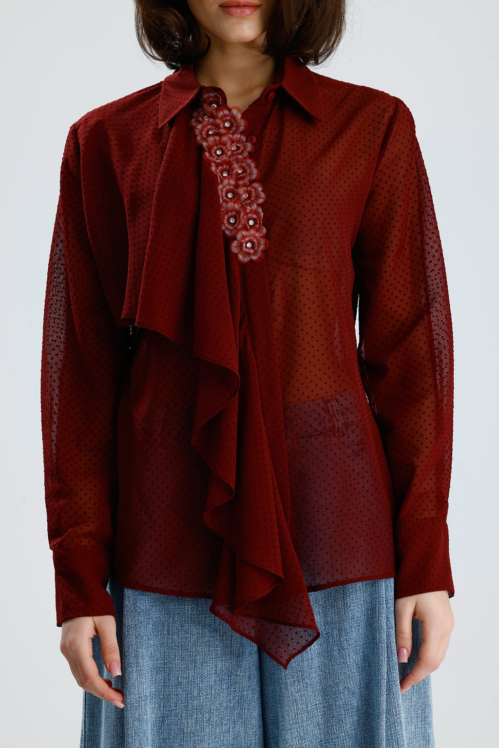 Draped Polka Dotted Sheer Blouse