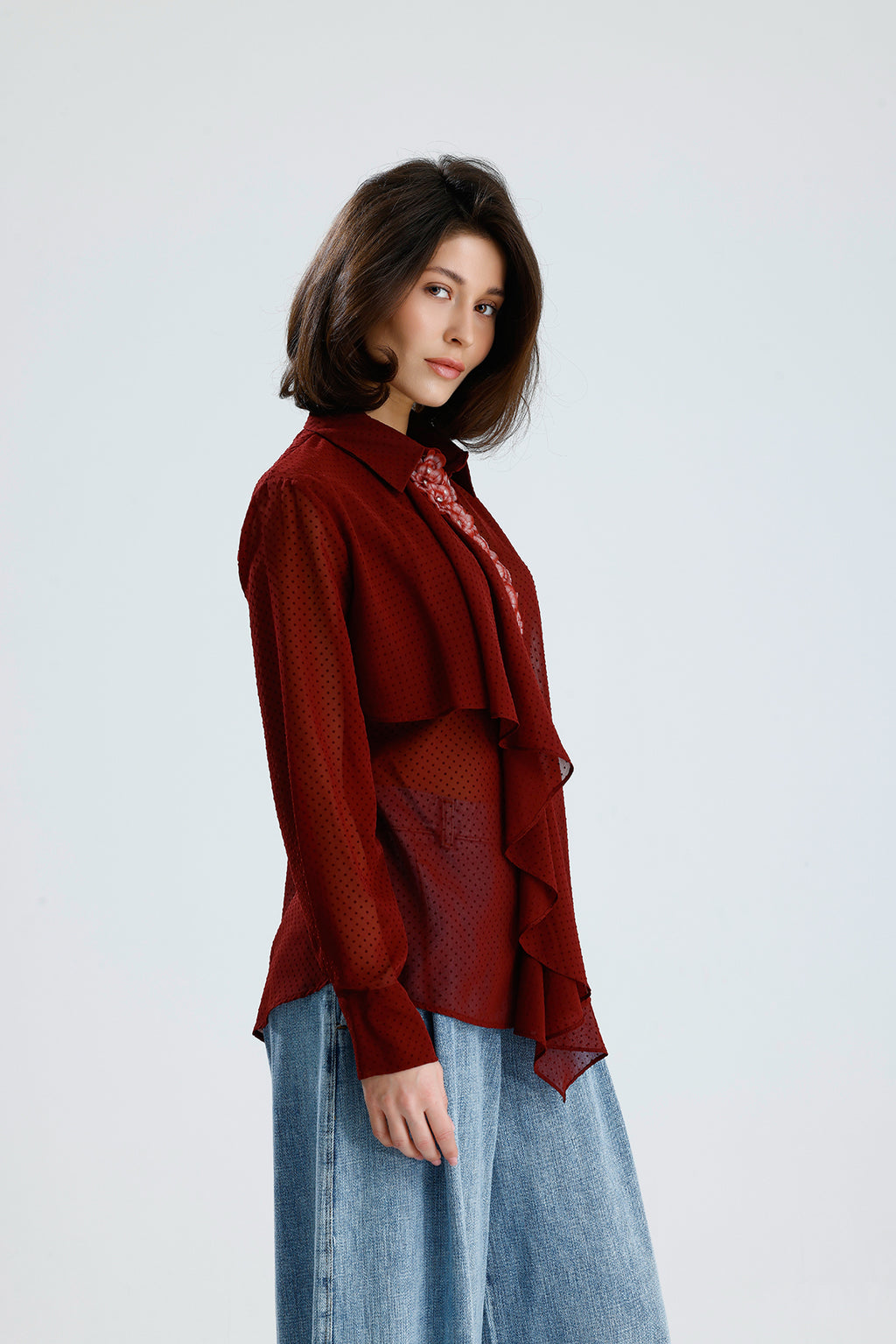 Draped Polka Dotted Sheer Blouse