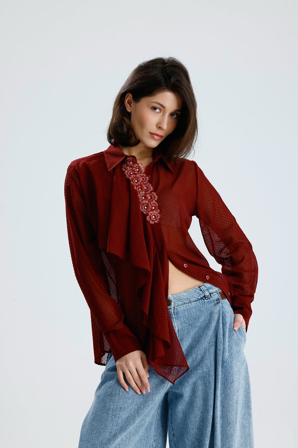 Draped Polka Dotted Sheer Blouse
