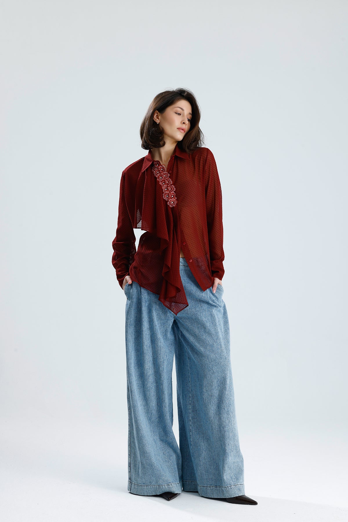 Draped Polka Dotted Sheer Blouse