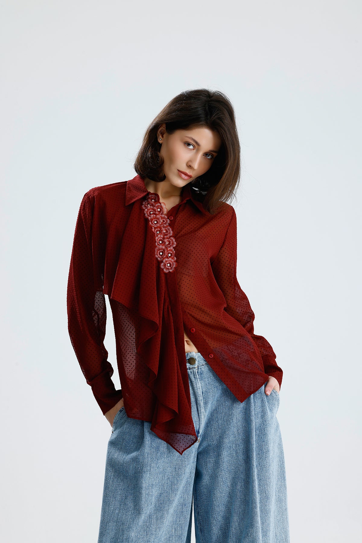 Draped Polka Dotted Sheer Blouse