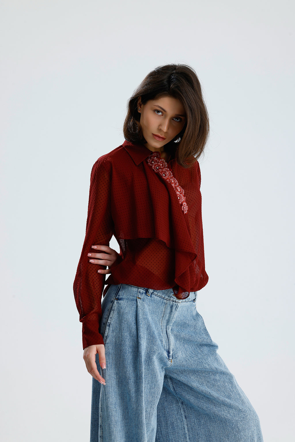Draped Polka Dotted Sheer Blouse