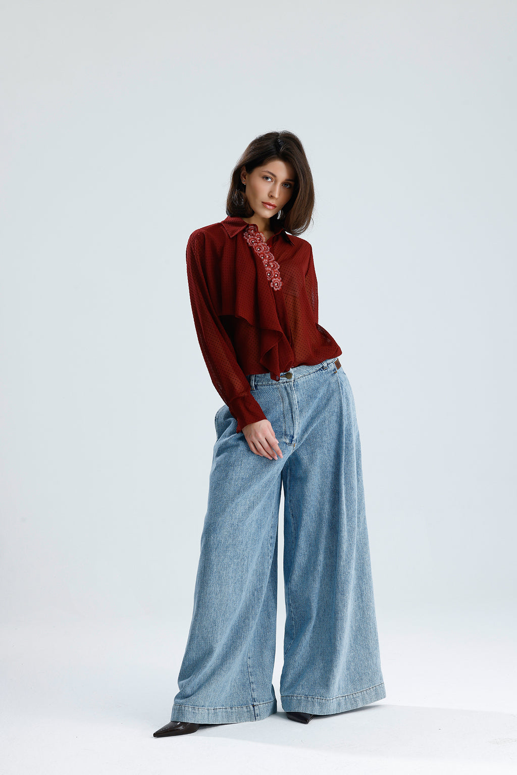 Draped Polka Dotted Sheer Blouse