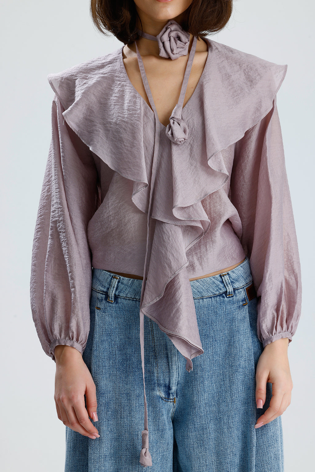 Lilac Ruffled Rose-Tie Blouse