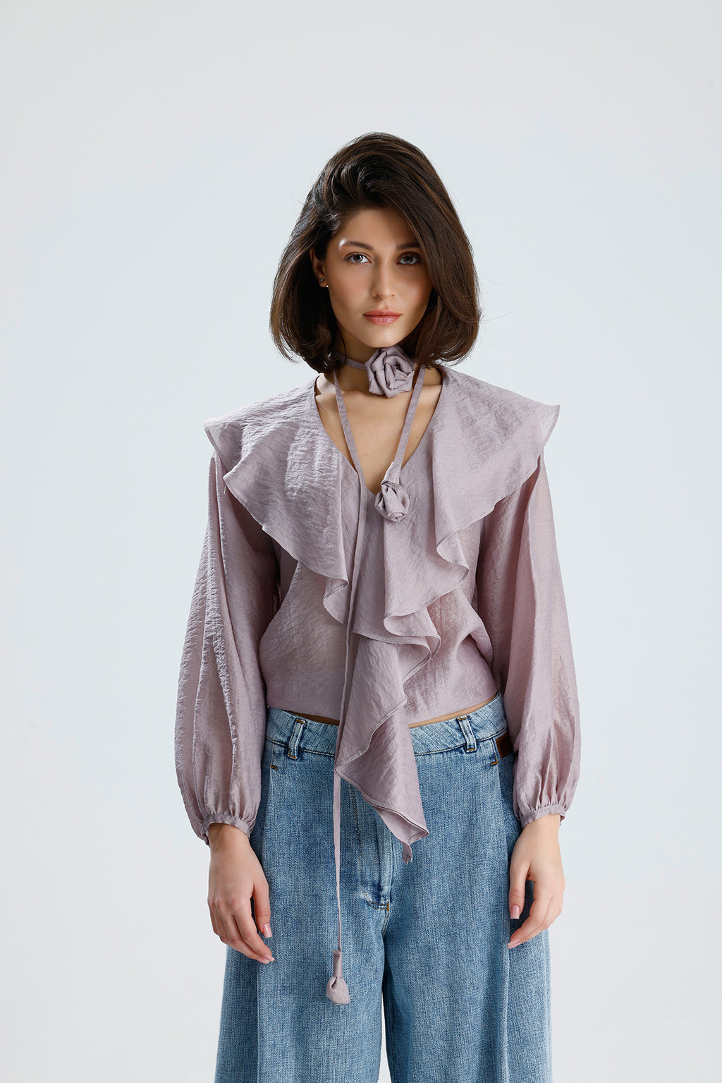 Lilac Ruffled Rose-Tie Blouse