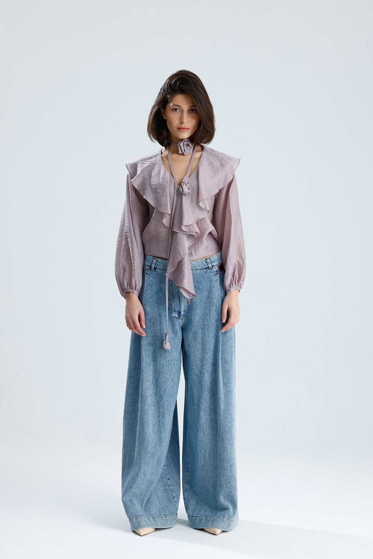 Lilac Ruffled Rose-Tie Blouse