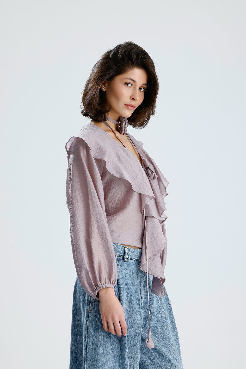 Lilac Ruffled Rose-Tie Blouse