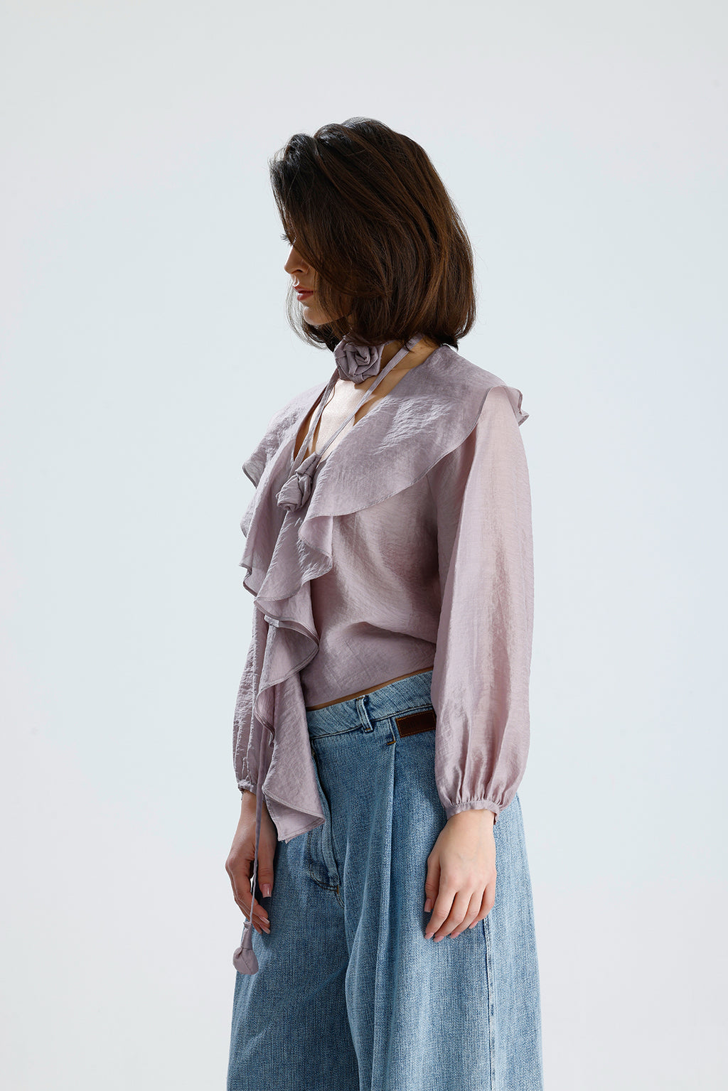 Lilac Ruffled Rose-Tie Blouse
