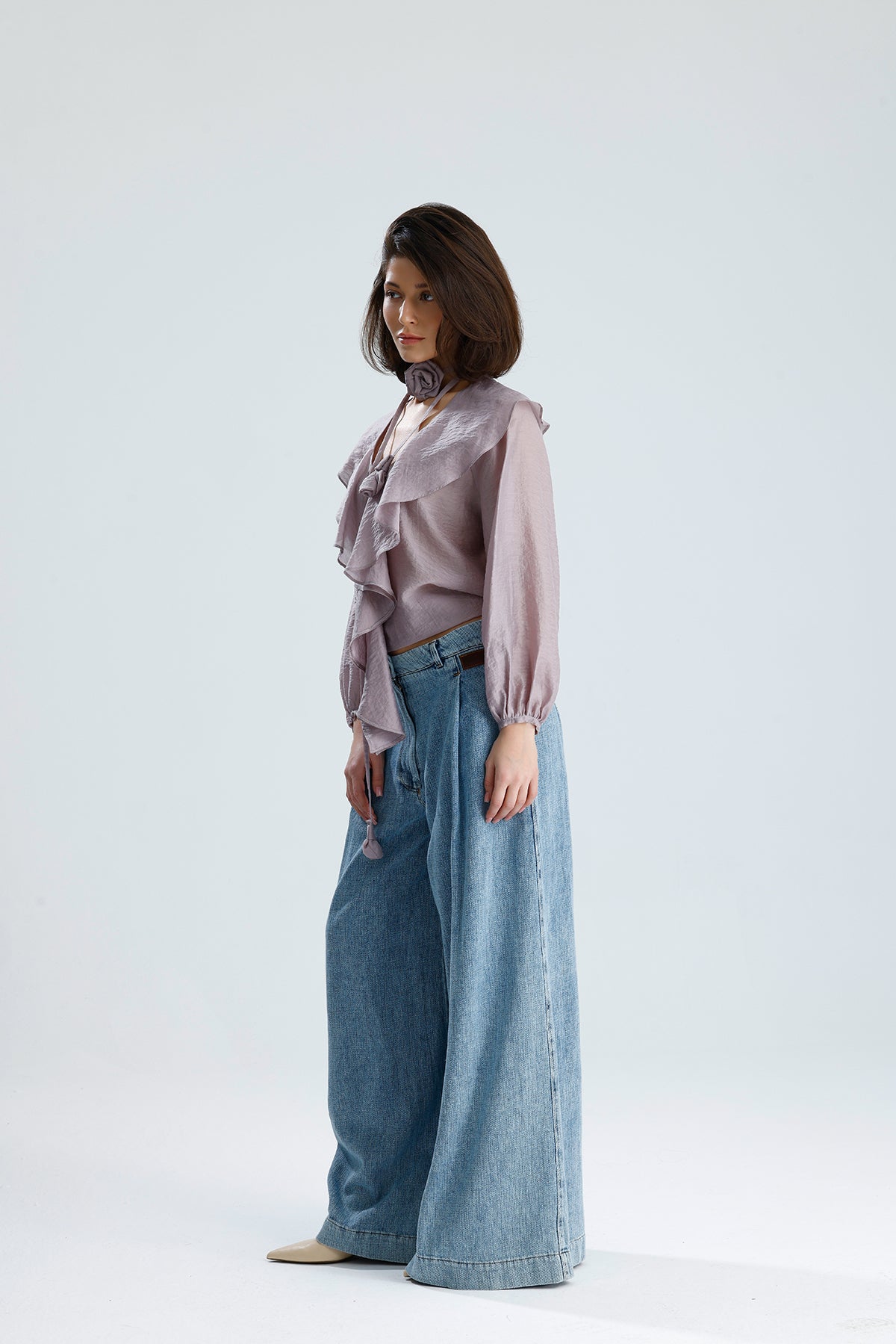 Lilac Ruffled Rose-Tie Blouse