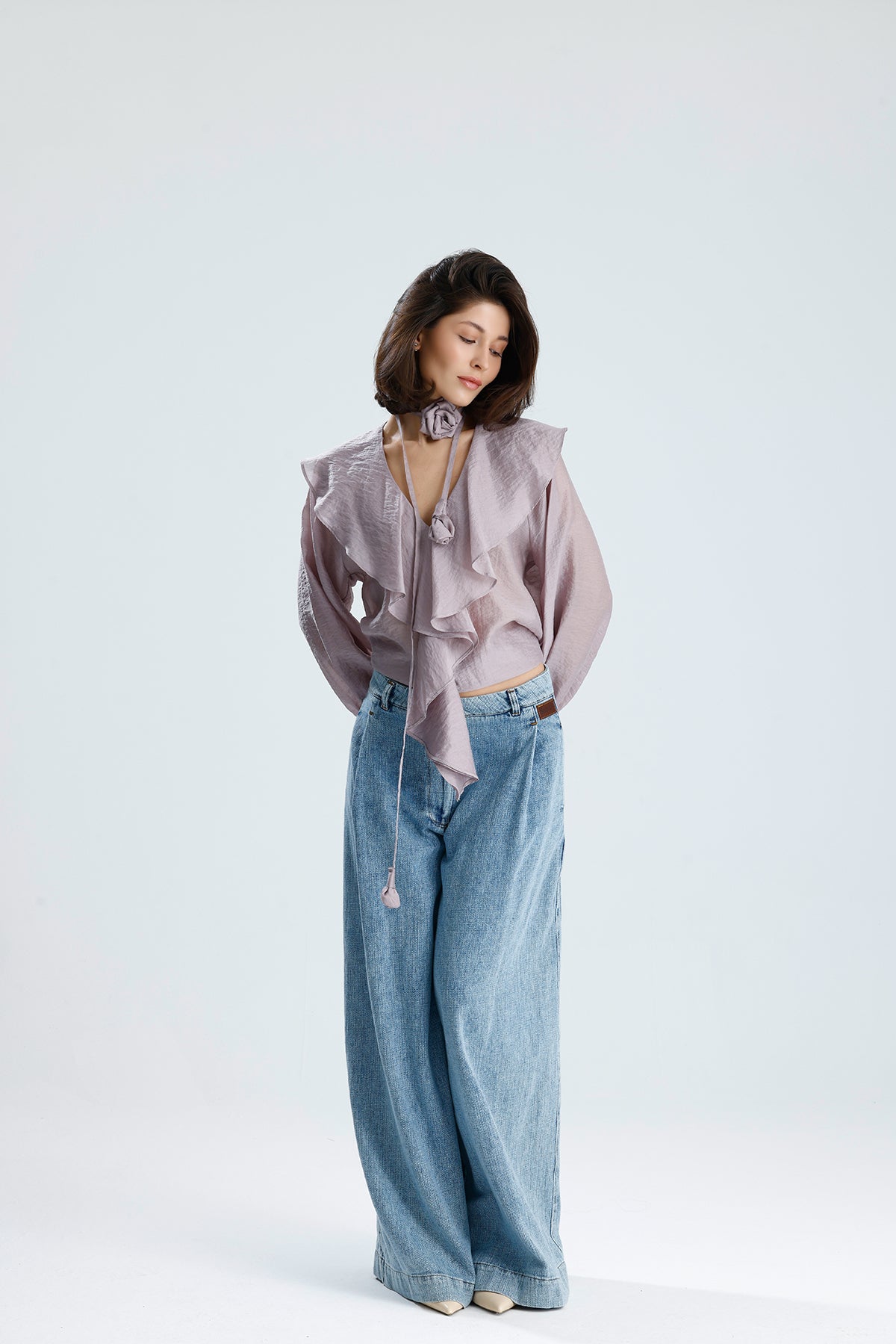 Lilac Ruffled Rose-Tie Blouse