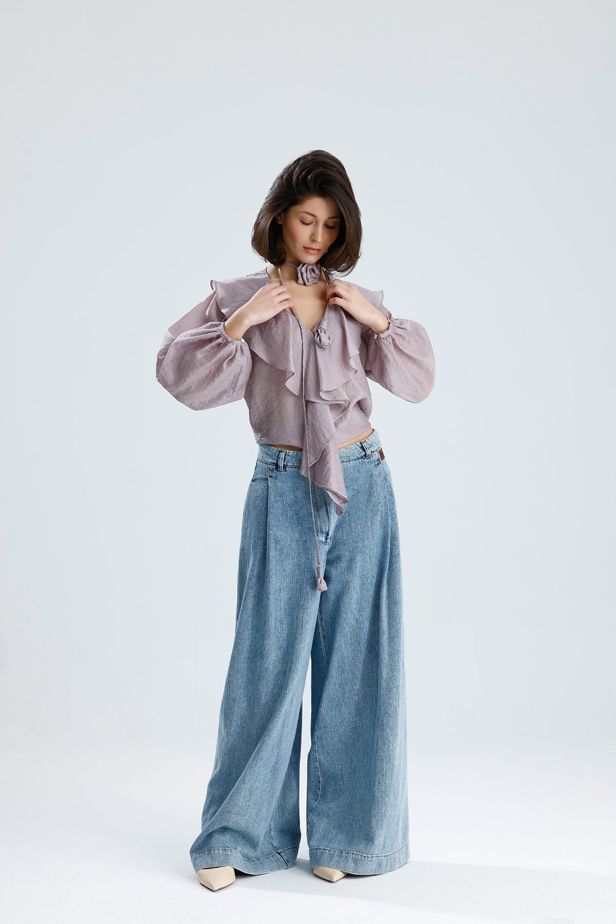 Lilac Ruffled Rose-Tie Blouse