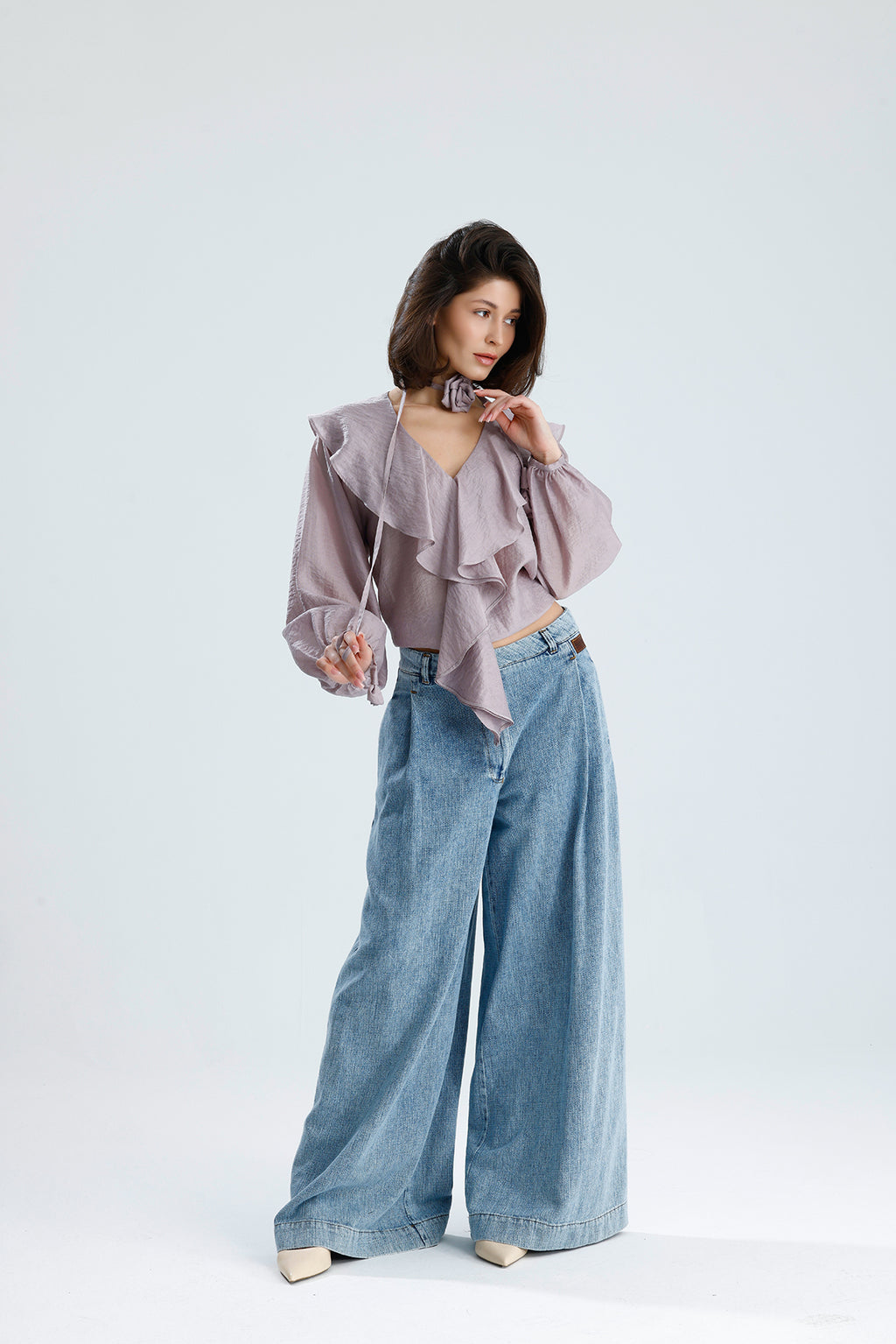 Lilac Ruffled Rose-Tie Blouse