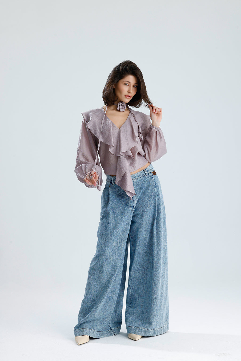 Lilac Ruffled Rose-Tie Blouse