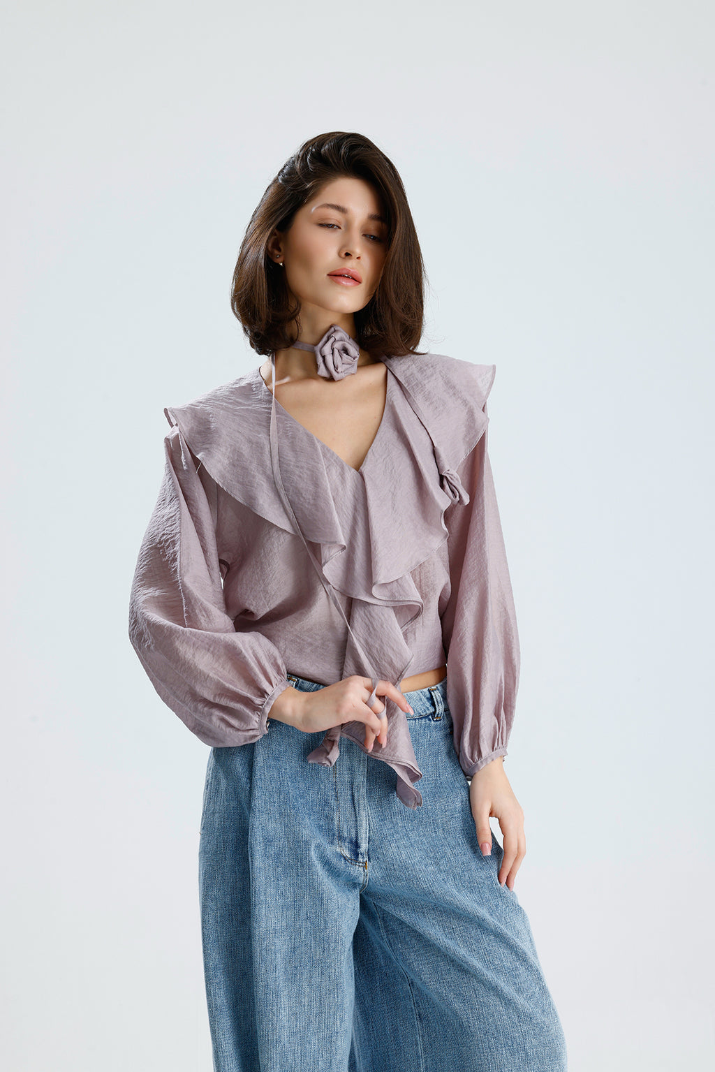 Lilac Ruffled Rose-Tie Blouse