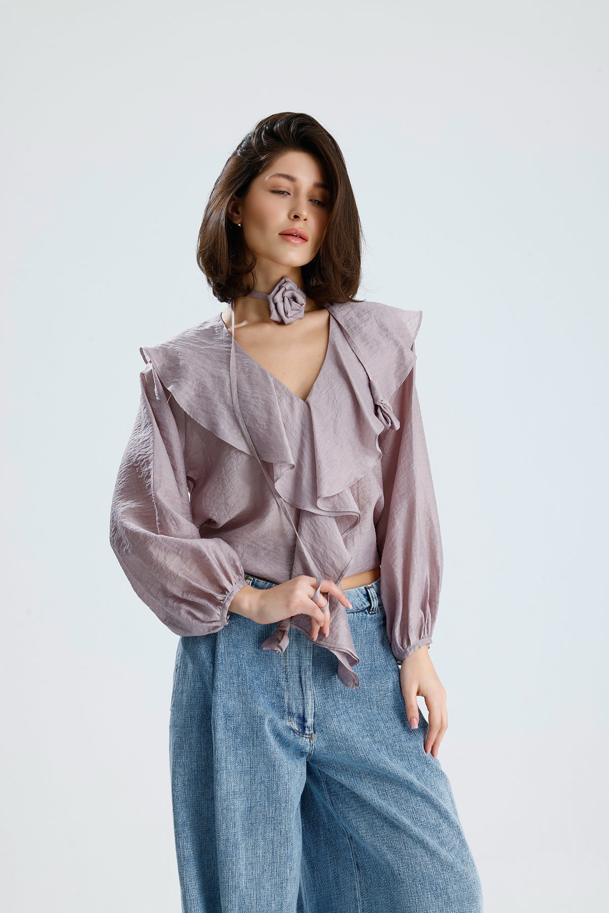 Lilac Ruffled Rose-Tie Blouse