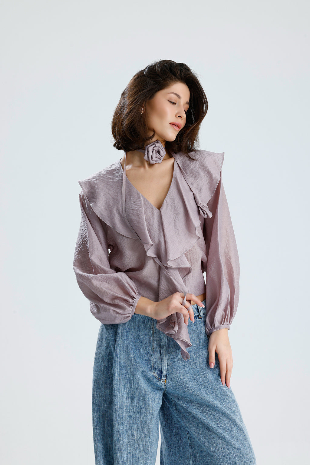 Lilac Ruffled Rose-Tie Blouse