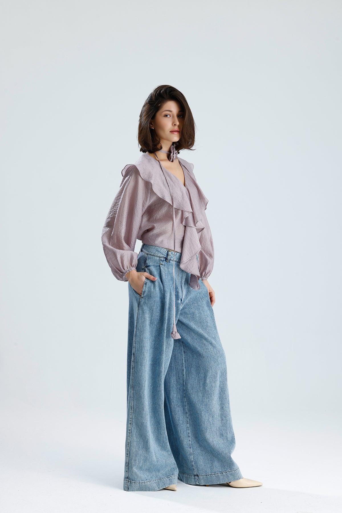 Lilac Ruffled Rose-Tie Blouse