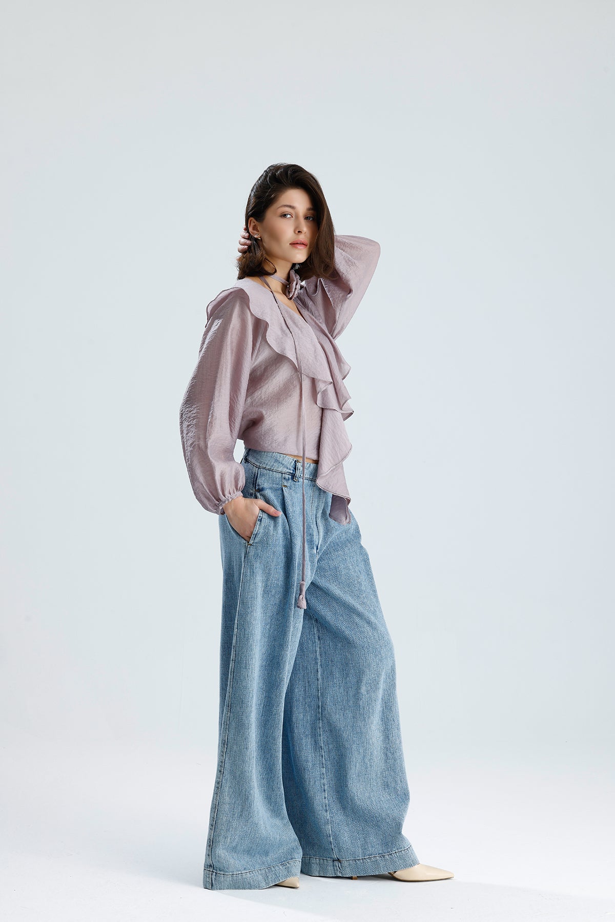 Lilac Ruffled Rose-Tie Blouse