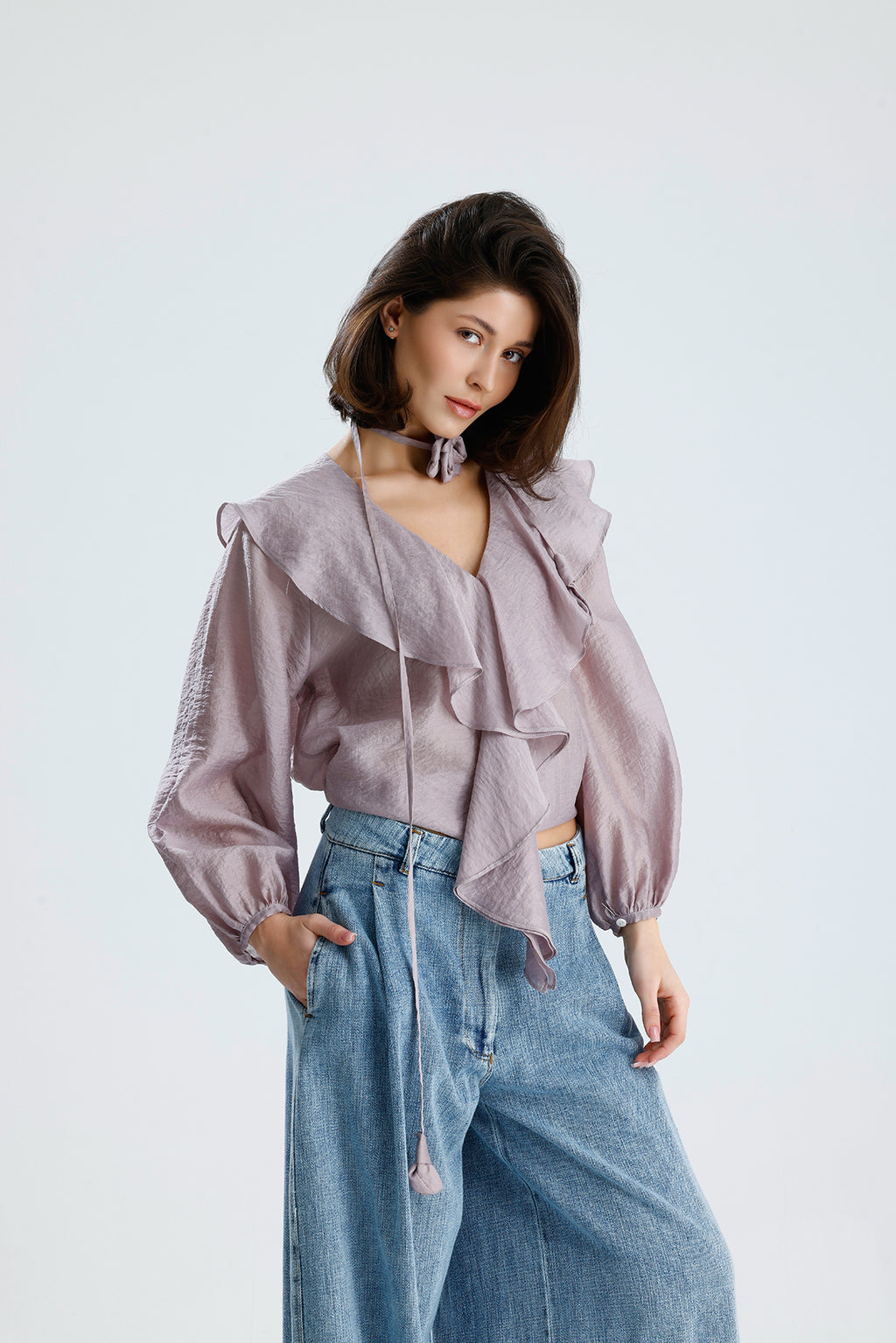 Lilac Ruffled Rose-Tie Blouse