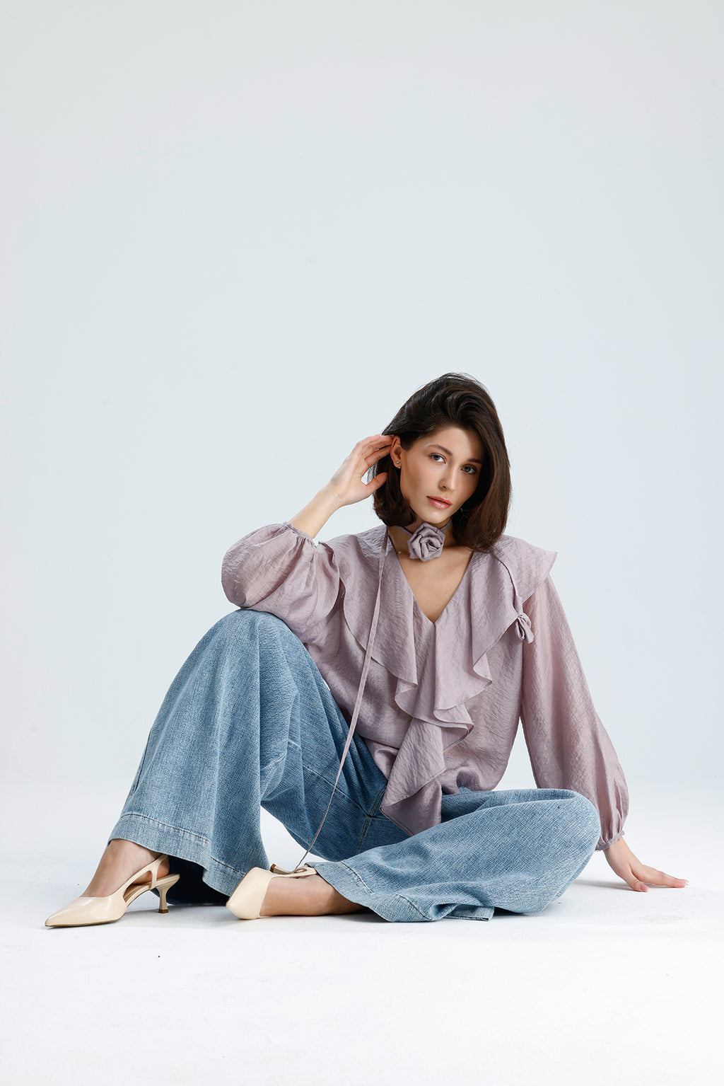 Lilac Ruffled Rose-Tie Blouse