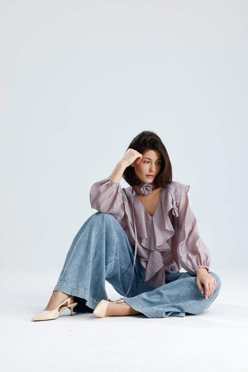 Lilac Ruffled Rose-Tie Blouse