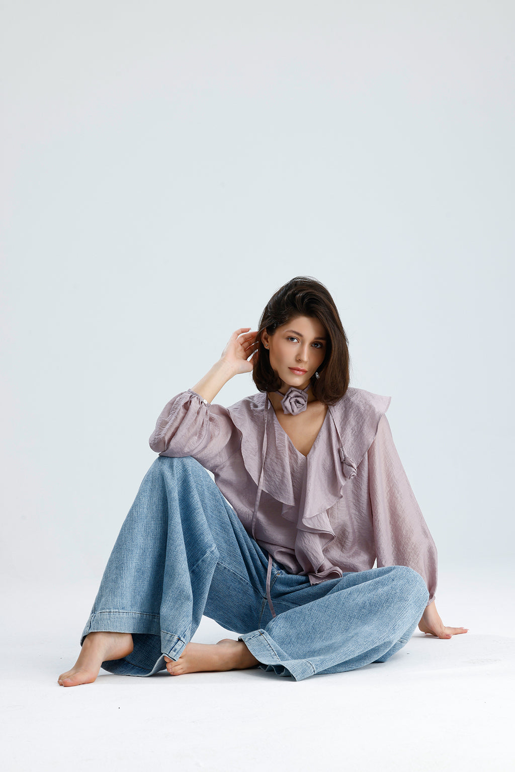 Lilac Ruffled Rose-Tie Blouse