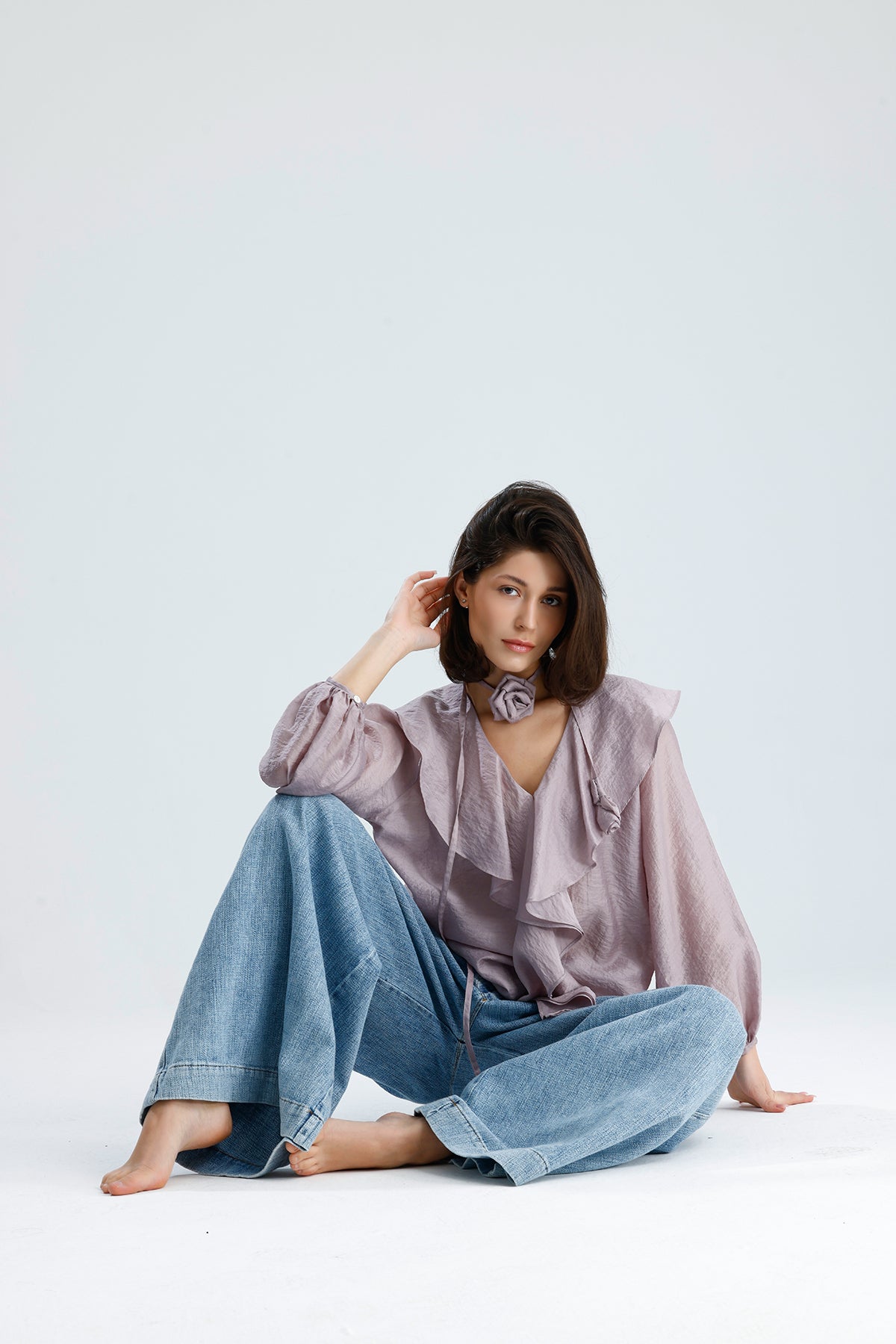 Lilac Ruffled Rose-Tie Blouse