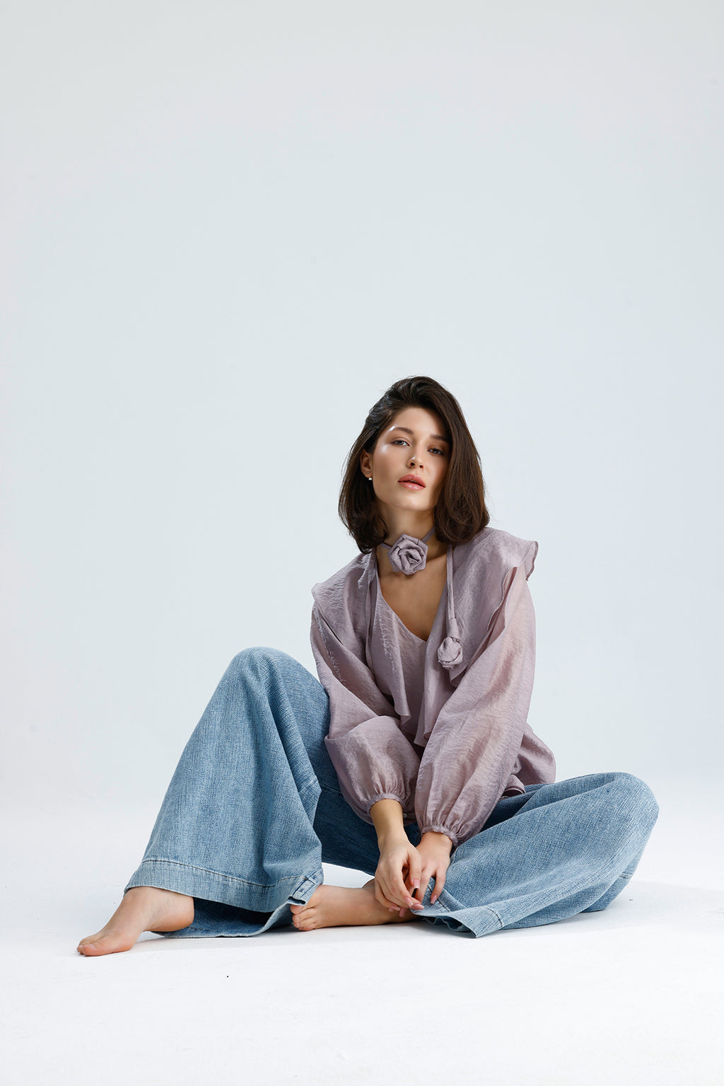 Lilac Ruffled Rose-Tie Blouse