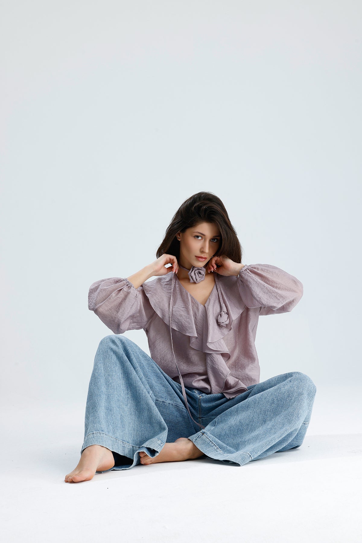 Lilac Ruffled Rose-Tie Blouse