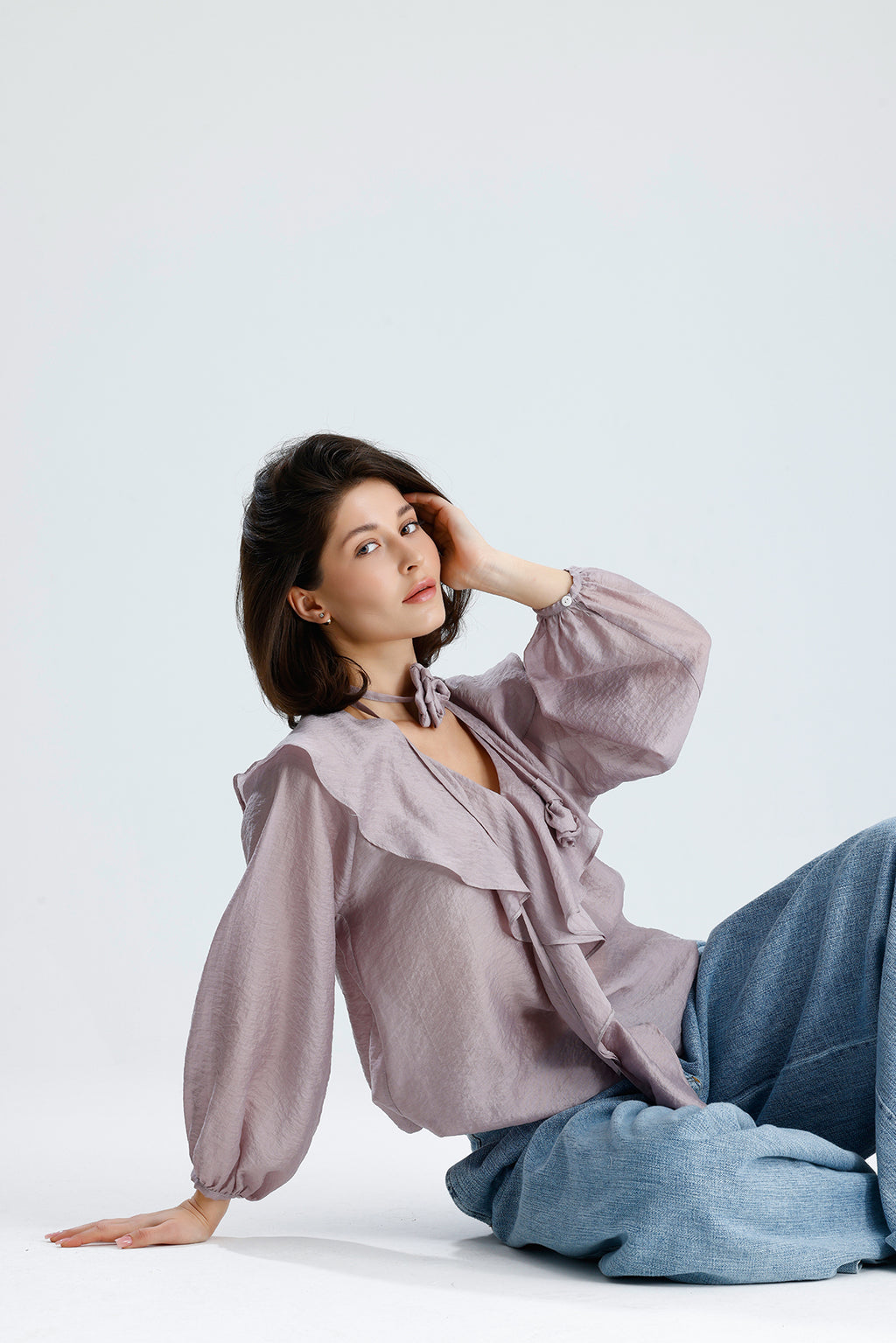 Lilac Ruffled Rose-Tie Blouse