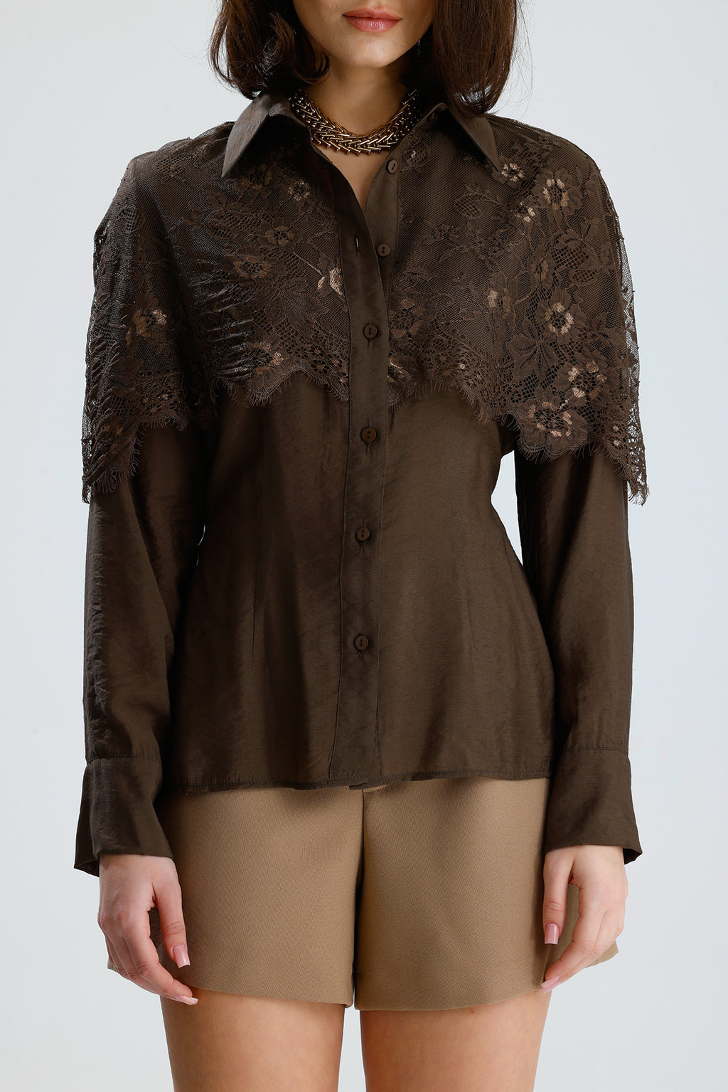 Brown Lace Overlay Shirt