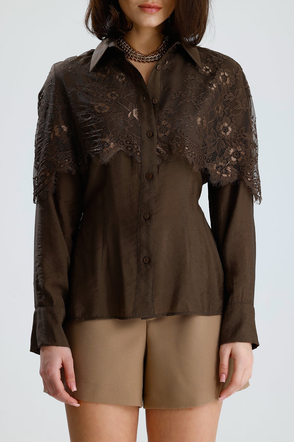 Brown Lace Overlay Shirt