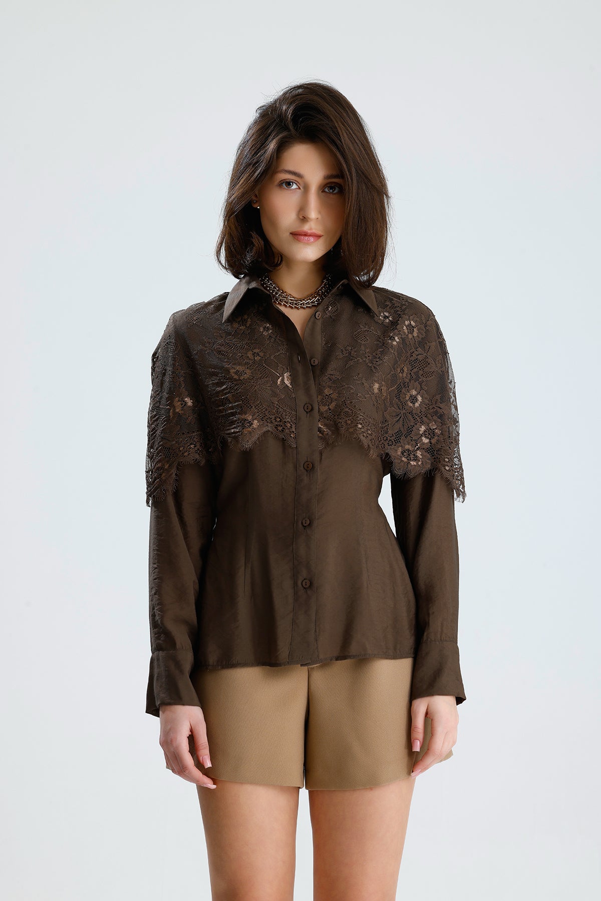 Brown Lace Overlay Shirt