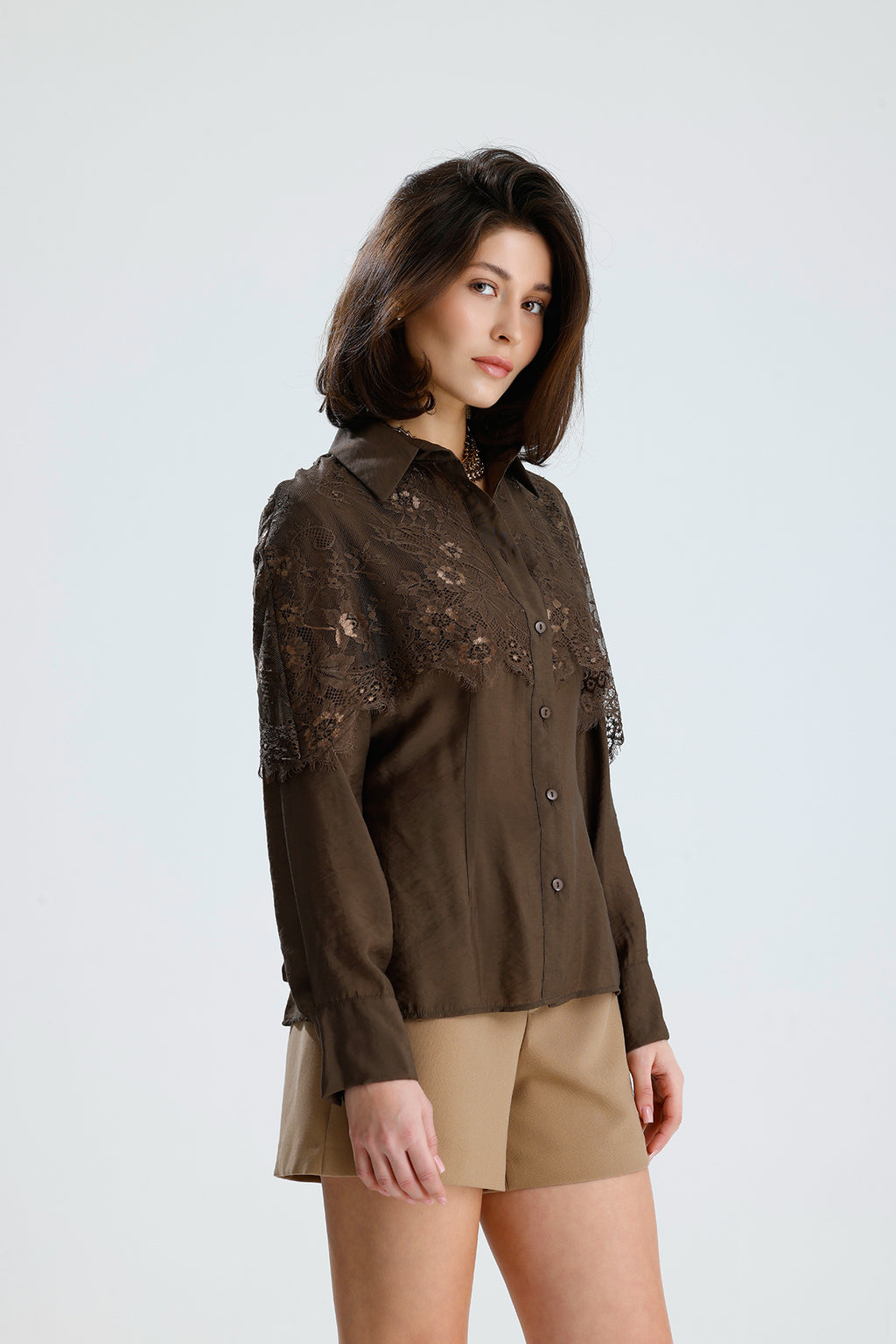 Brown Lace Overlay Shirt
