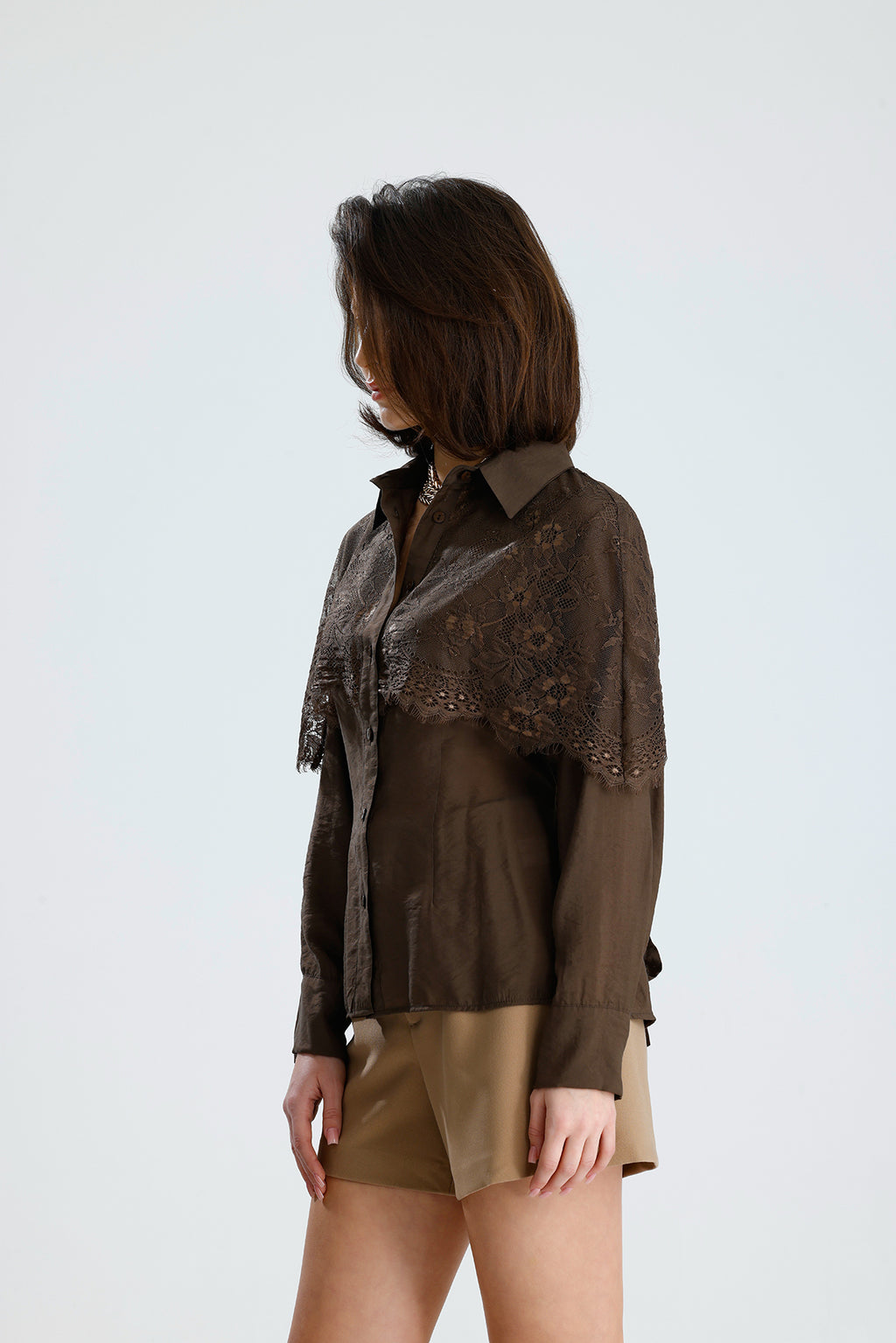 Brown Lace Overlay Shirt