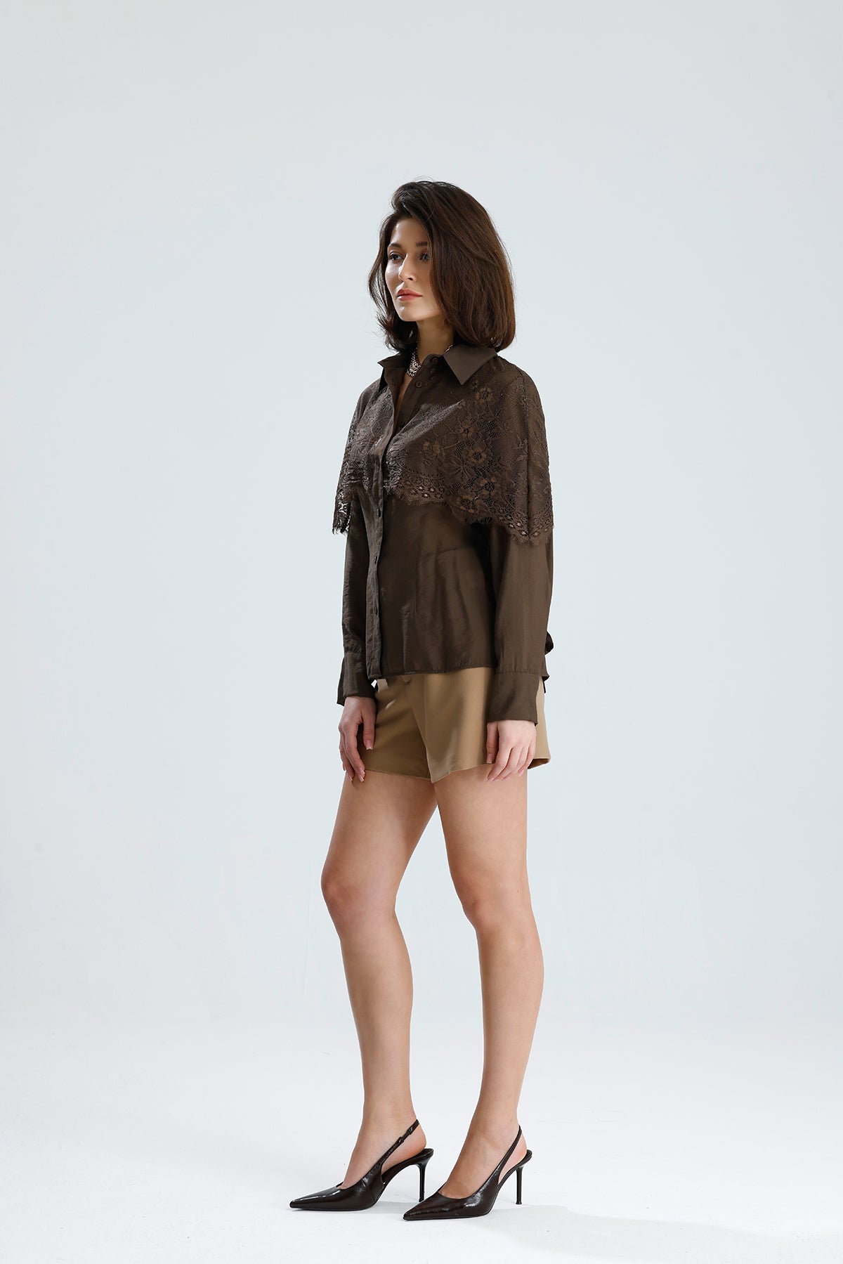 Brown Lace Overlay Shirt