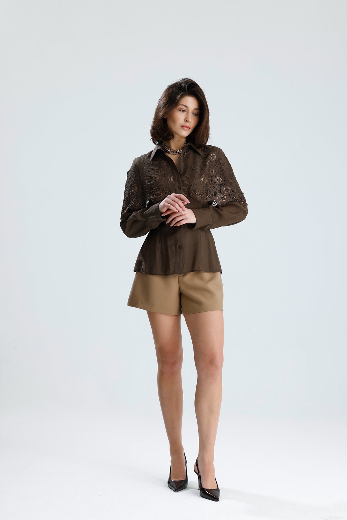 Brown Lace Overlay Shirt