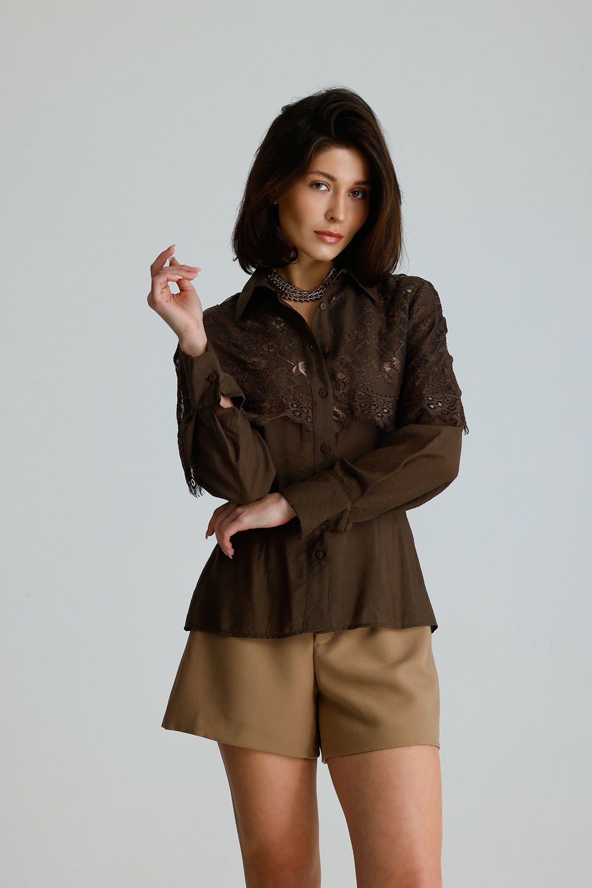 Brown Lace Overlay Shirt