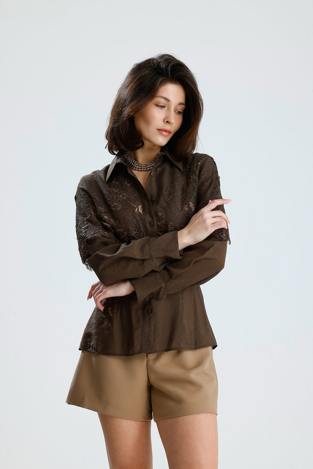 Brown Lace Overlay Shirt